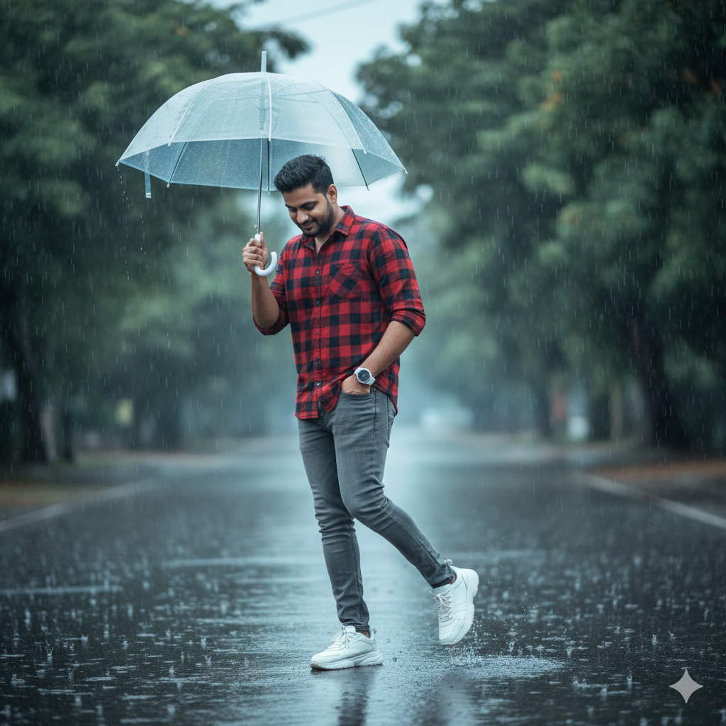 Stylish Rainy Day Walk: Man in Red Check Shirt