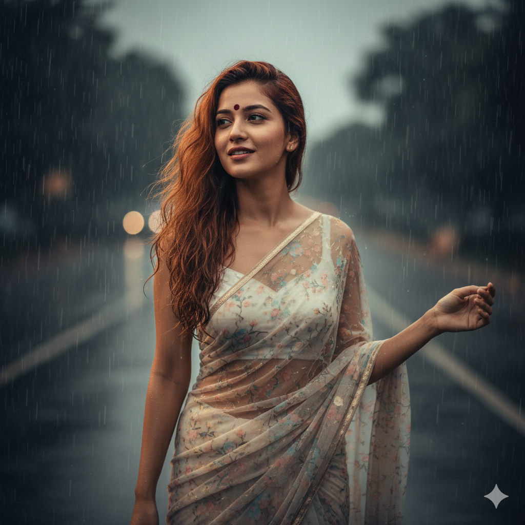 Bollywood Rain Romance: Dreamy Floral Saree Portrait